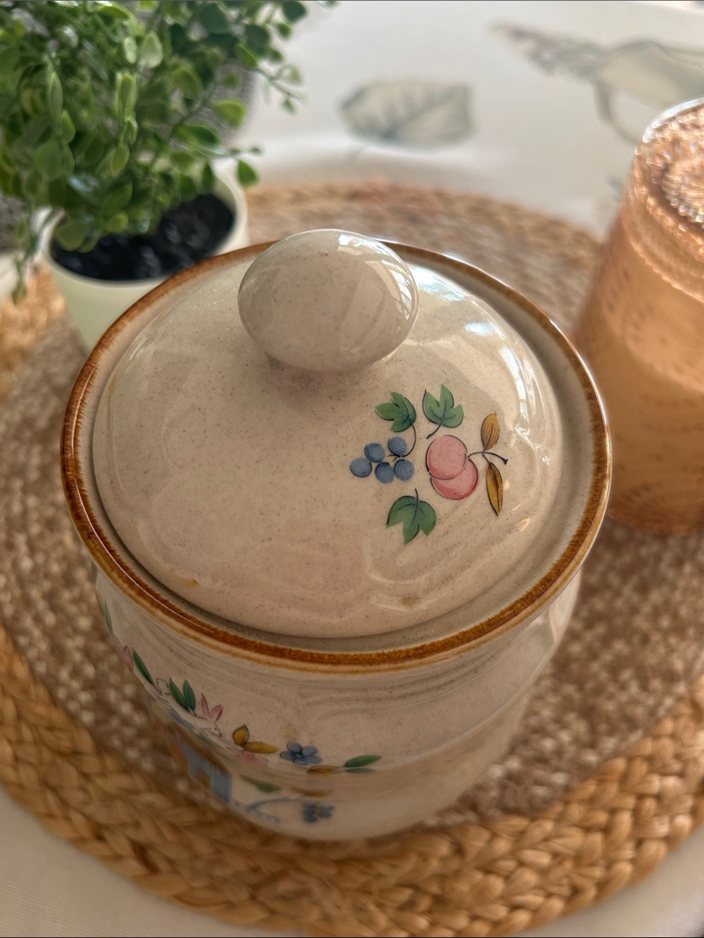 Medium International Heartland Ceramic Lidded Canister with Pastel Cottage Motif - Picture 3 of 4